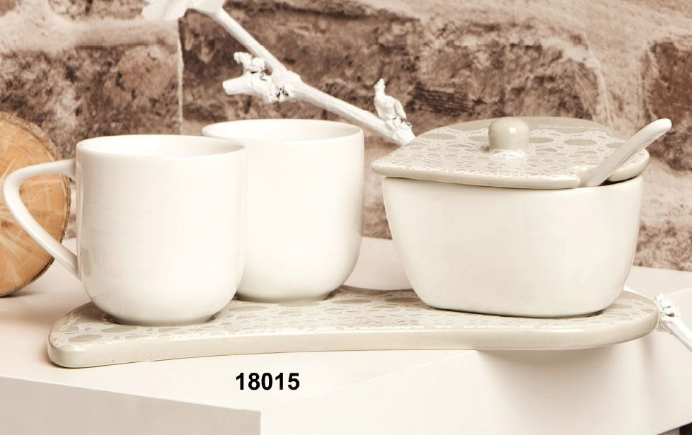 Set Tazzine da Caffè con Vassoio e Zuccheriera in Terracotta decoro a  incisione